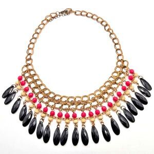 Beaded Statement Necklace‎ Black Pink Brasstone Egyptian Revival Style Bib